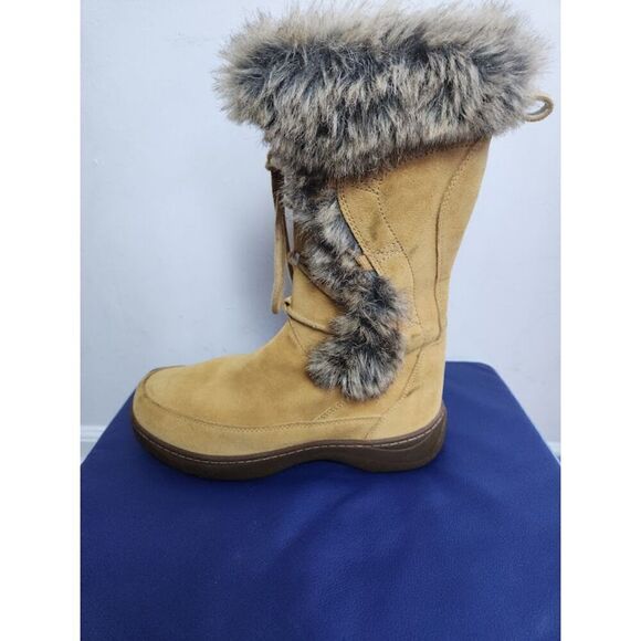 L.L. Bean Women Tan Brown Suede w/Faux Fur Waterproof Tall Lace Up Boots sz 8.5 - Picture 7 of 11